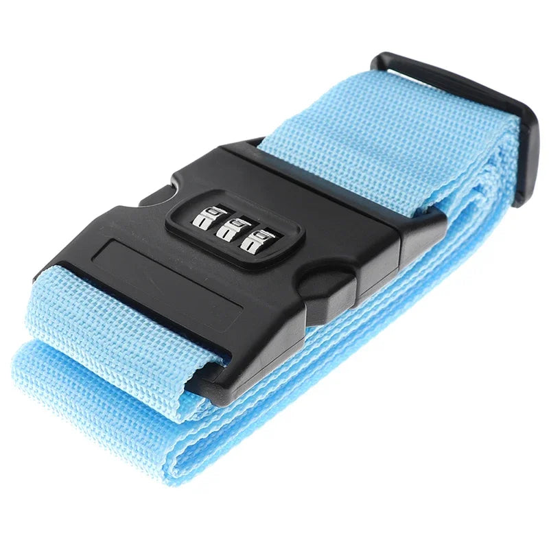A light blue adjustable luggage strap with a black buckle and password lock feature.