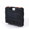 A black plastic hardware organizer box with an orange handle and clear sides.