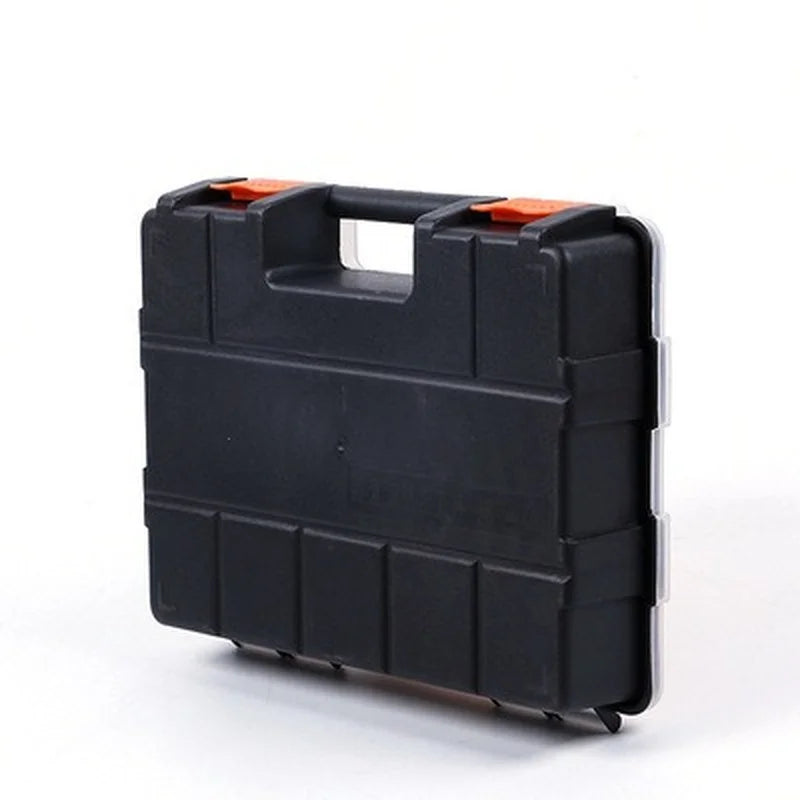 A black plastic hardware organizer box with an orange handle and clear sides.