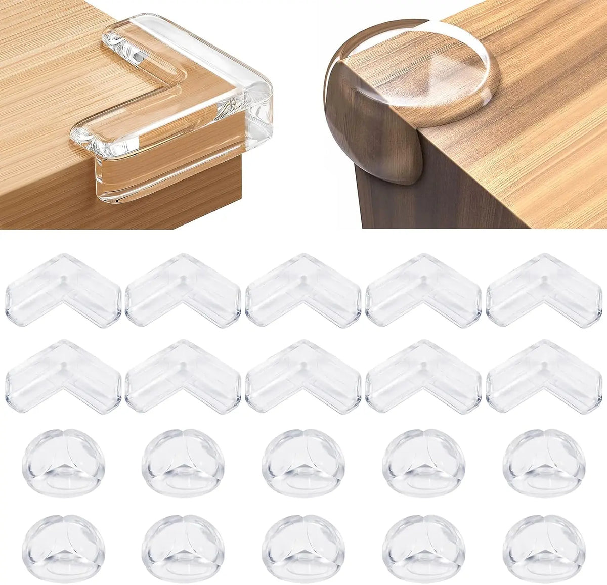 Various silicone corner edge protectors shown in different shapes and sizes for baby safety