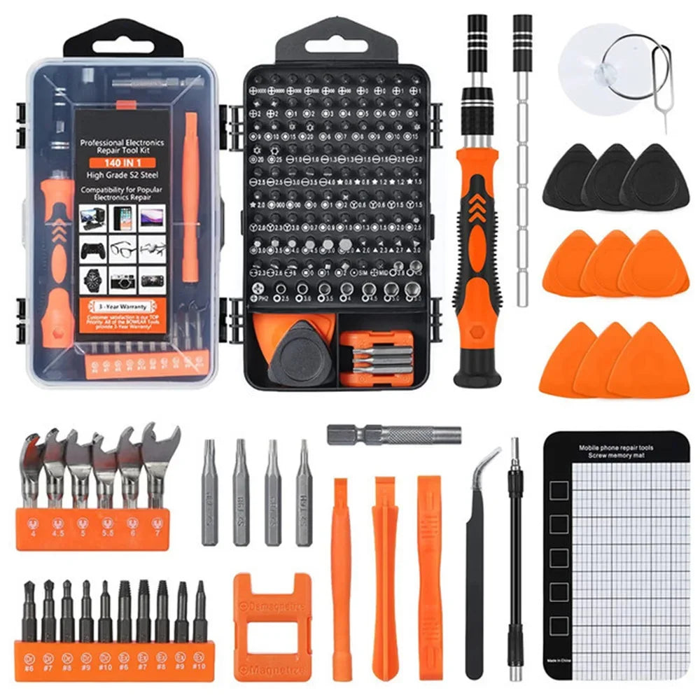 A collection of precision multi-bit screwdriver repair kits and tools in various colors and sizes.