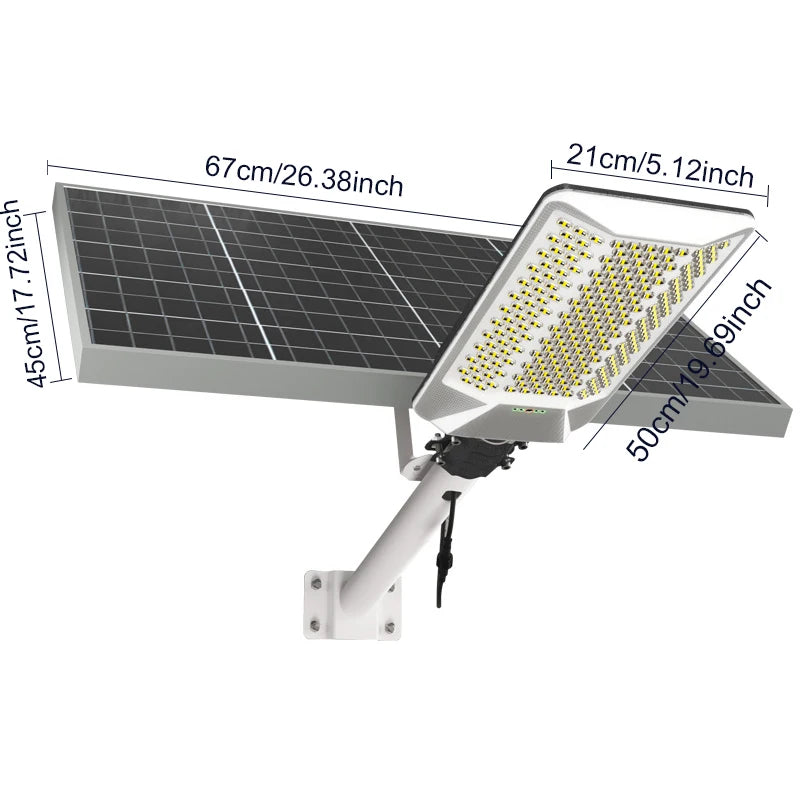 A high-power solar street light assembly showing the solar panel, light fixture, and mounting arm.