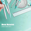 A set of seven metal tools including a compass, ruler, and pencil for geometry and drawing.
