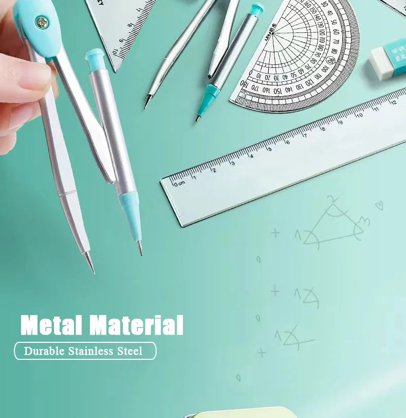A set of seven metal tools including a compass, ruler, and pencil for geometry and drawing.