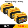Three yellow high-capacity lithium-ion batteries labeled 18.0Ah and 60V for DeWalt power tools
