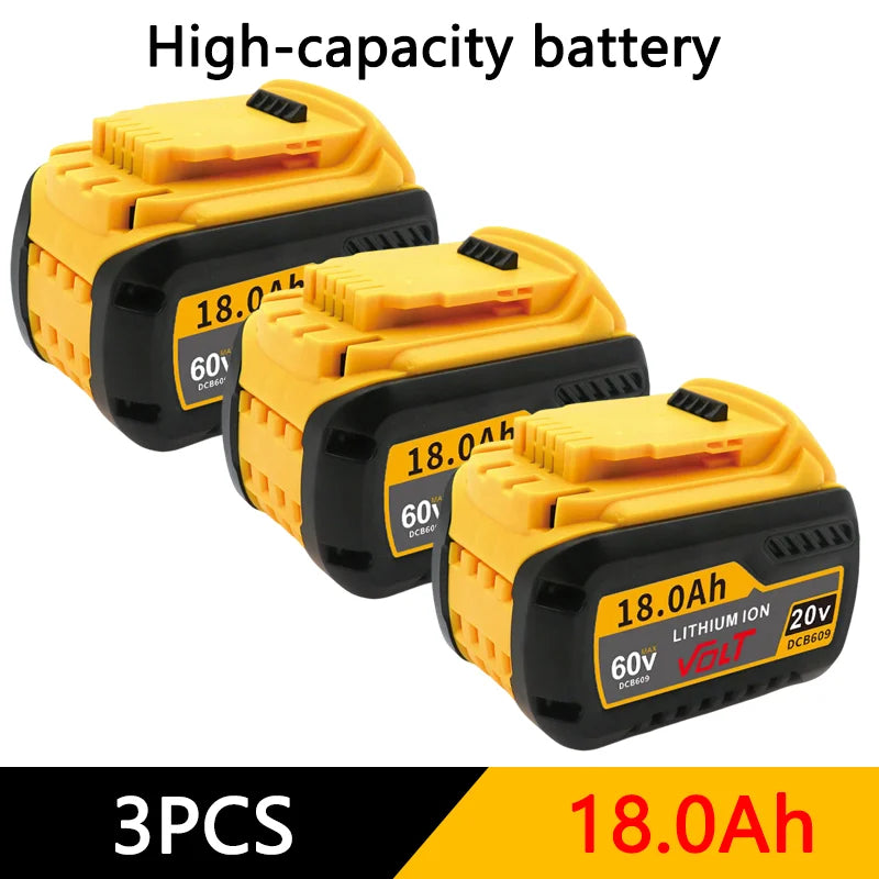 Three yellow high-capacity lithium-ion batteries labeled 18.0Ah and 60V for DeWalt power tools
