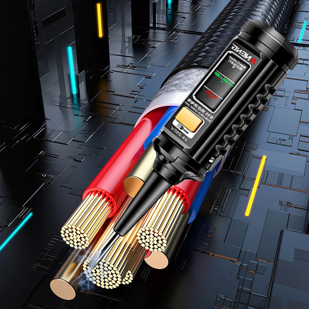 A professional AC voltage detection pen with multiple probes is shown against a dark, circuit board background.