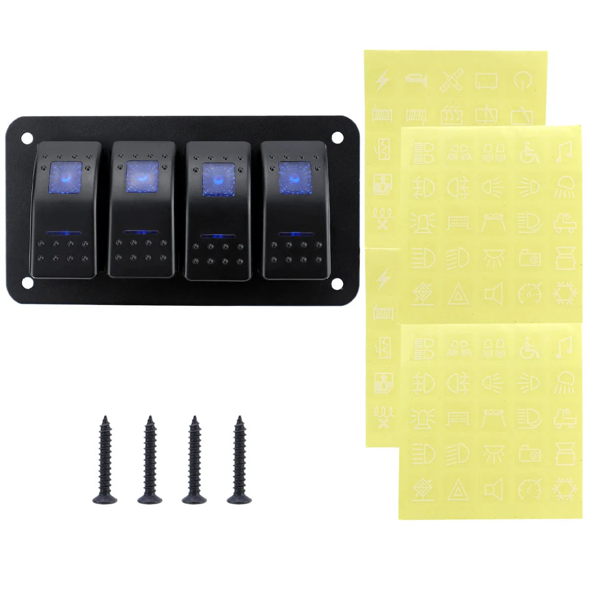 Black multi-group rocker switch panel with four illuminated switches and yellow wiring diagram
