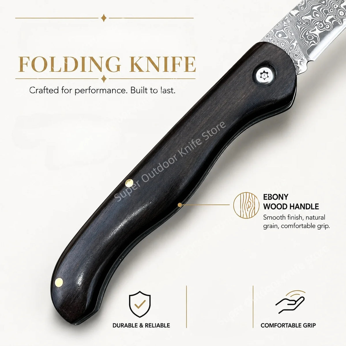 A folding knife with a Damascus steel blade and an ebony wood handle shown in profile.