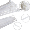 A collection of white heavy duty nylon cable ties shown in various forms, including strands and individual ties.
