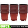 Sixteen terracotta-colored plastic nursery pots with black rims, 60 pieces total.