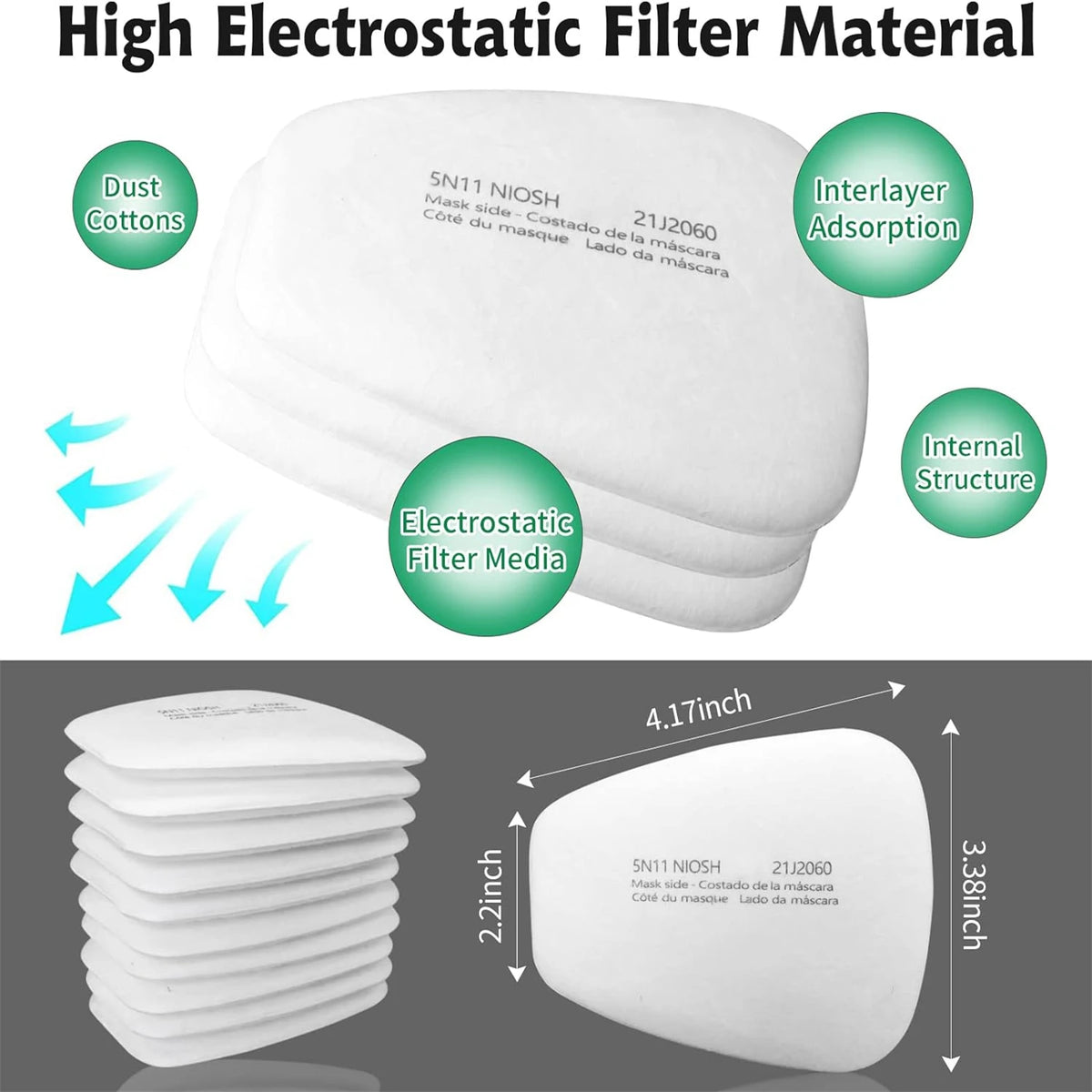 White elastomeric filter material shown with labels indicating interlayer adsorption and internal structure