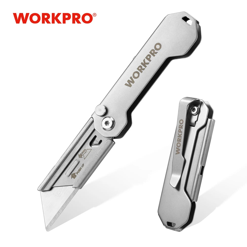 A silver WorkPro folding utility knife is shown with its blade extended and a closed version nearby.