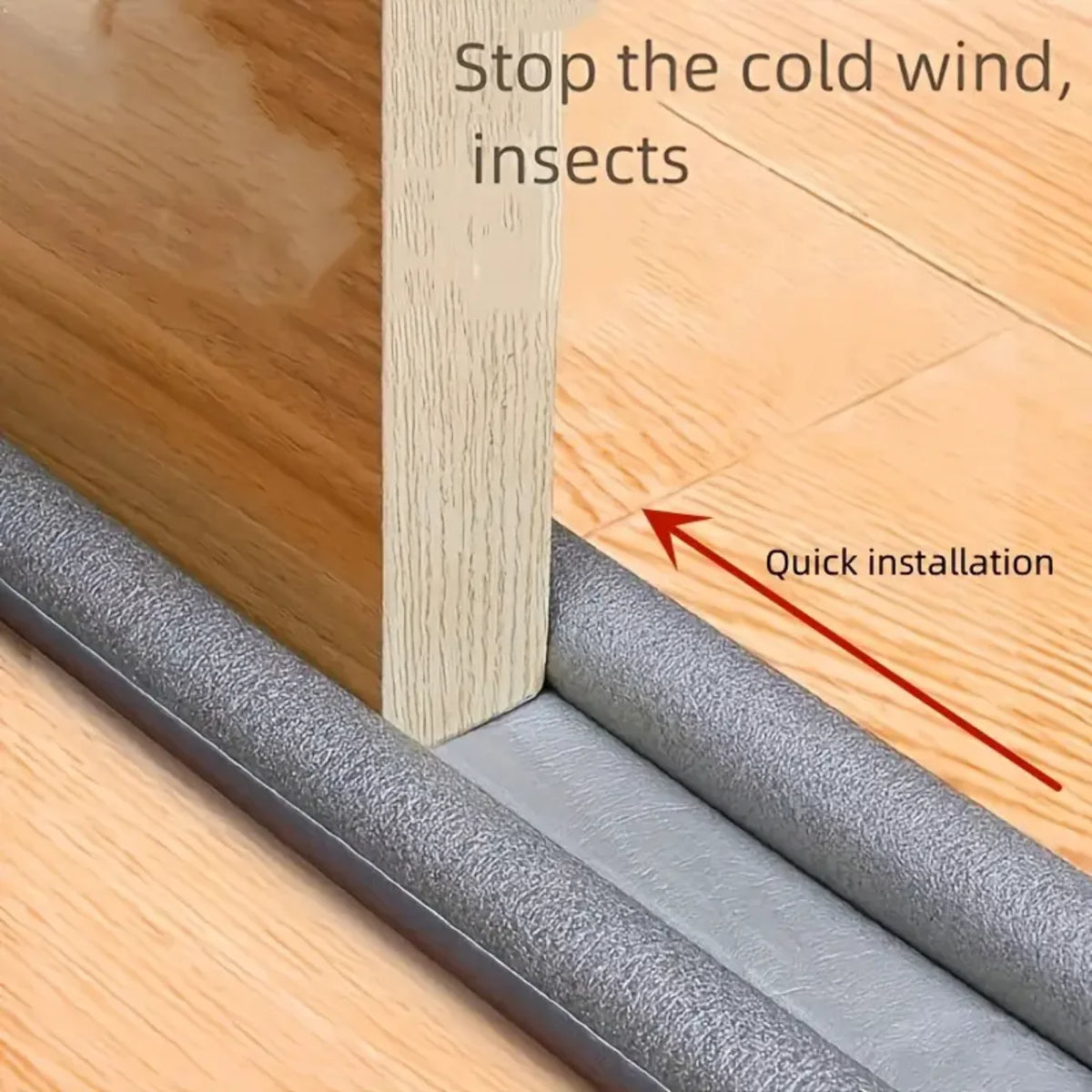 Close-up of a gray sealing strip installed along a wooden door frame, designed to stop cold wind and insects.