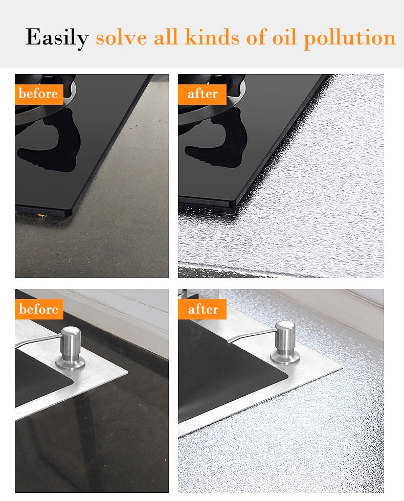 Before and after comparison showing oil pollution removal on a kitchen sink surface using self-adhesive aluminum foil contact