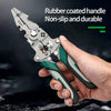 A hand holds a rubber-coated, non-slip and durable multifuctional foldable wire stripper pliers.