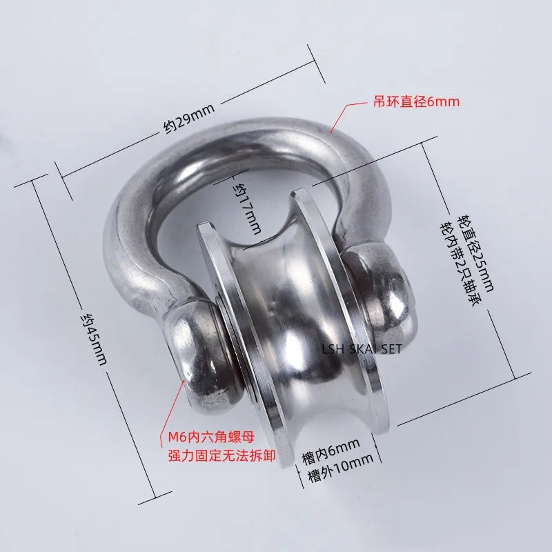 A heavy-duty stainless steel buckle pulley set showing various dimensions and components.
