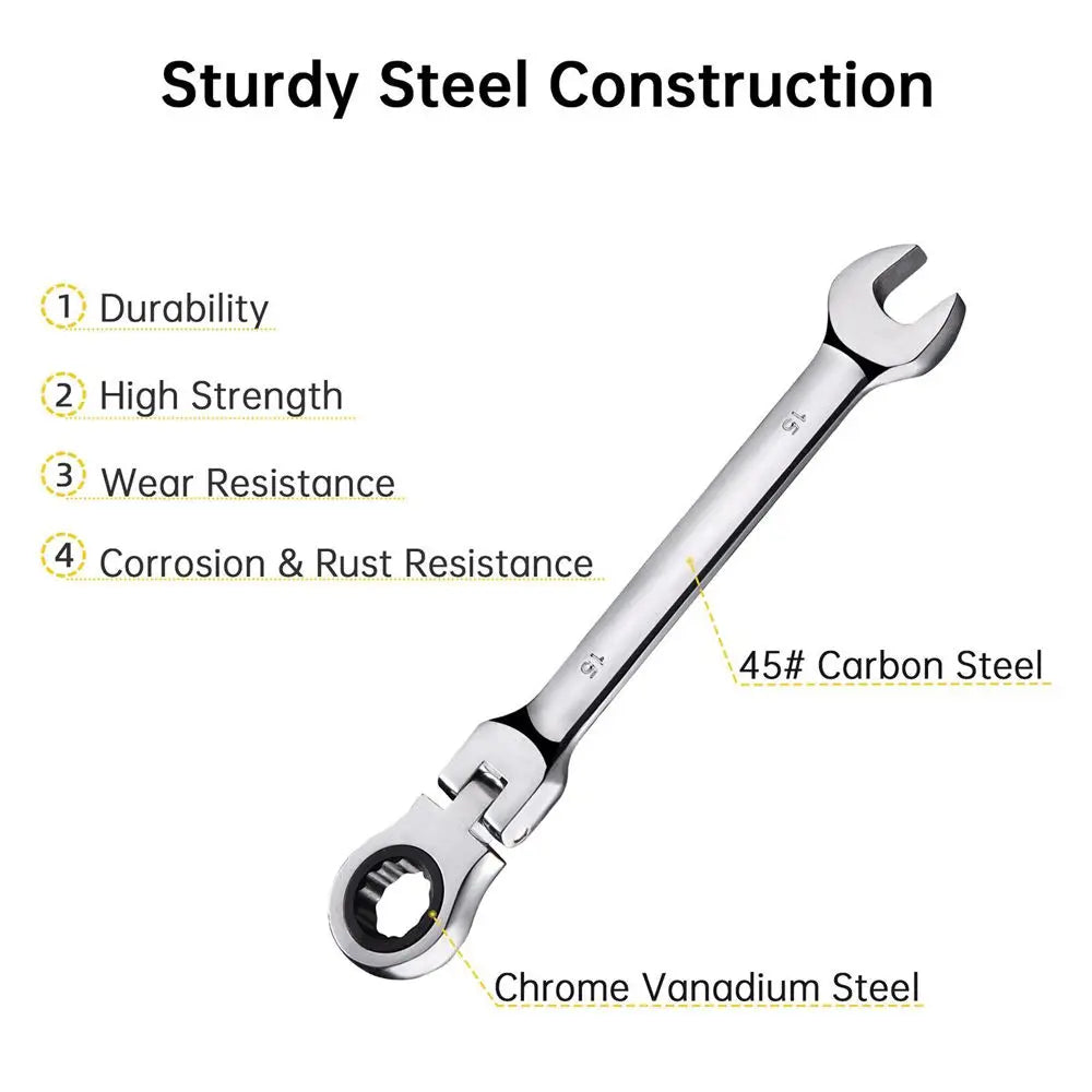 A silver precision reversible ratchet wrench made of Chrome Vanadium Steel is shown with durability features listed.
