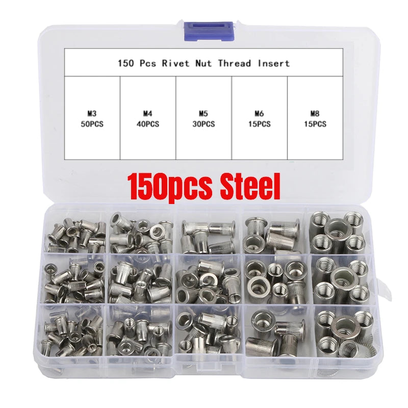 A white plastic box containing 150 pieces of various sized rivet nut thread inserts categorized by count.