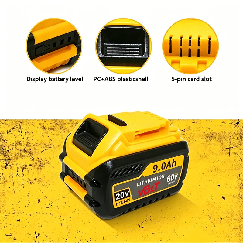 Yellow and black lithium-ion battery charger with display, plastic shell, and 5-pin card slot.