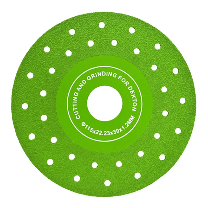 Green diamond cutting disc with mounting holes and dimensions 115x22.3x30x1.2mm