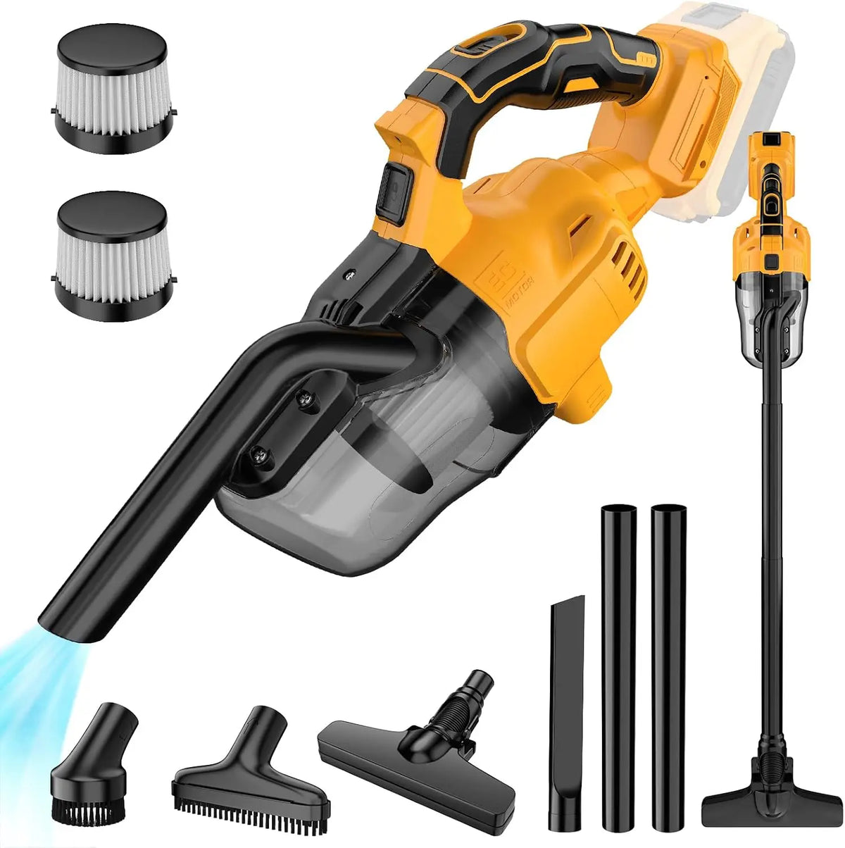 A yellow cordless handheld vacuum cleaner with various attachments including a brush and cleaning tools.