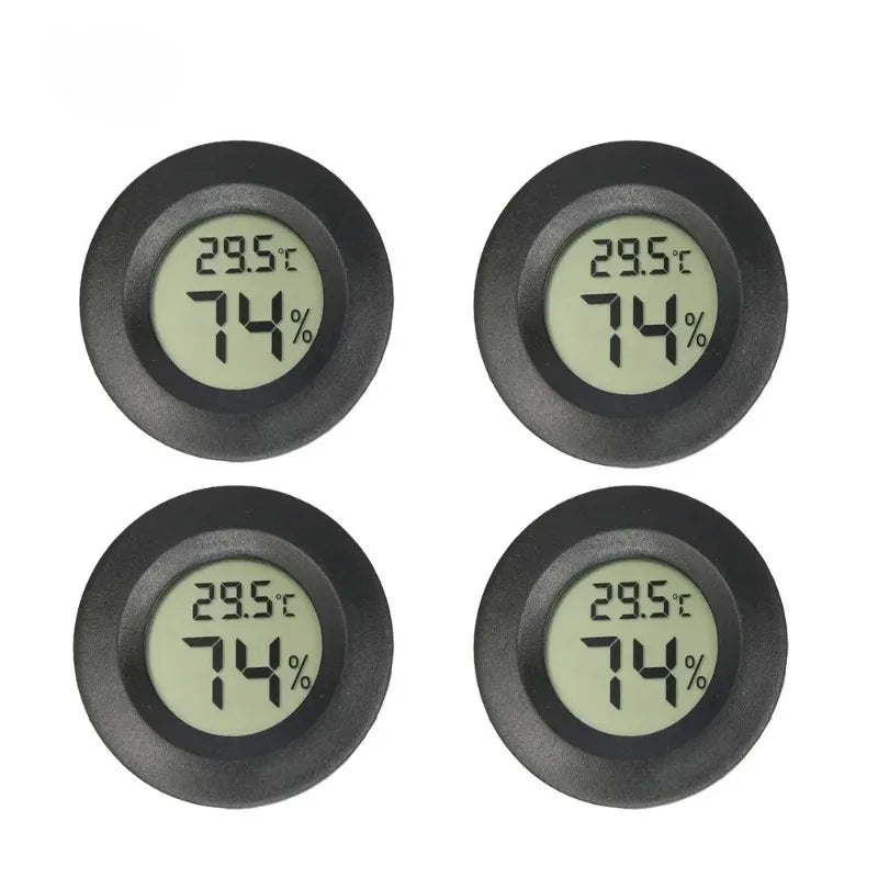 Four views of a digital indoor humidity and temperature meter displaying 29.5°C and 74%.