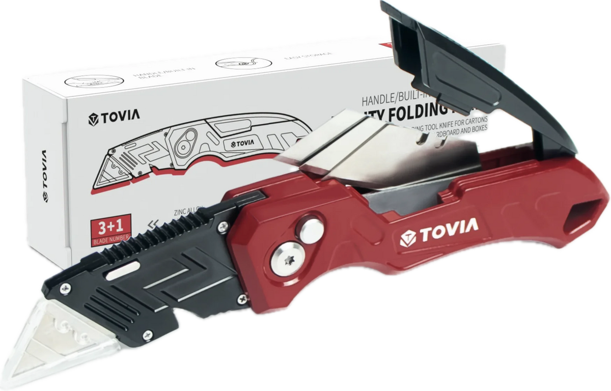 A red and silver Tovia retractable utility knife with a folding blade is shown next to its packaging box.