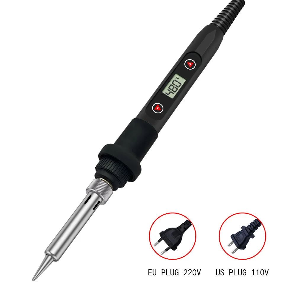 Kit de fer à souder électrique noir de précision avec pointe métallique et adaptateurs d'alimentation UE et US.