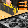 A hand is placing a black portable battery storage organizer into a yellow carrier, shown before and after usage.