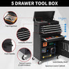 Caja de herramientas negra de 5 cajones con organizador superior, cajones con llave y ruedas giratorias.
