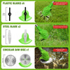 A set of plastic and steel blades and a circular saw disc for a 2-in-1 cordless electric lawn trimmer.
