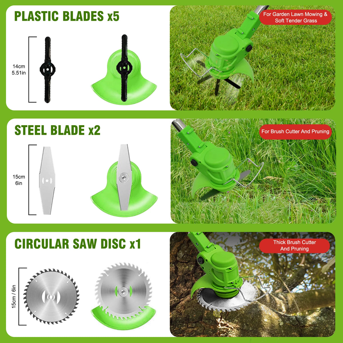 A set of plastic and steel blades and a circular saw disc for a 2-in-1 cordless electric lawn trimmer.