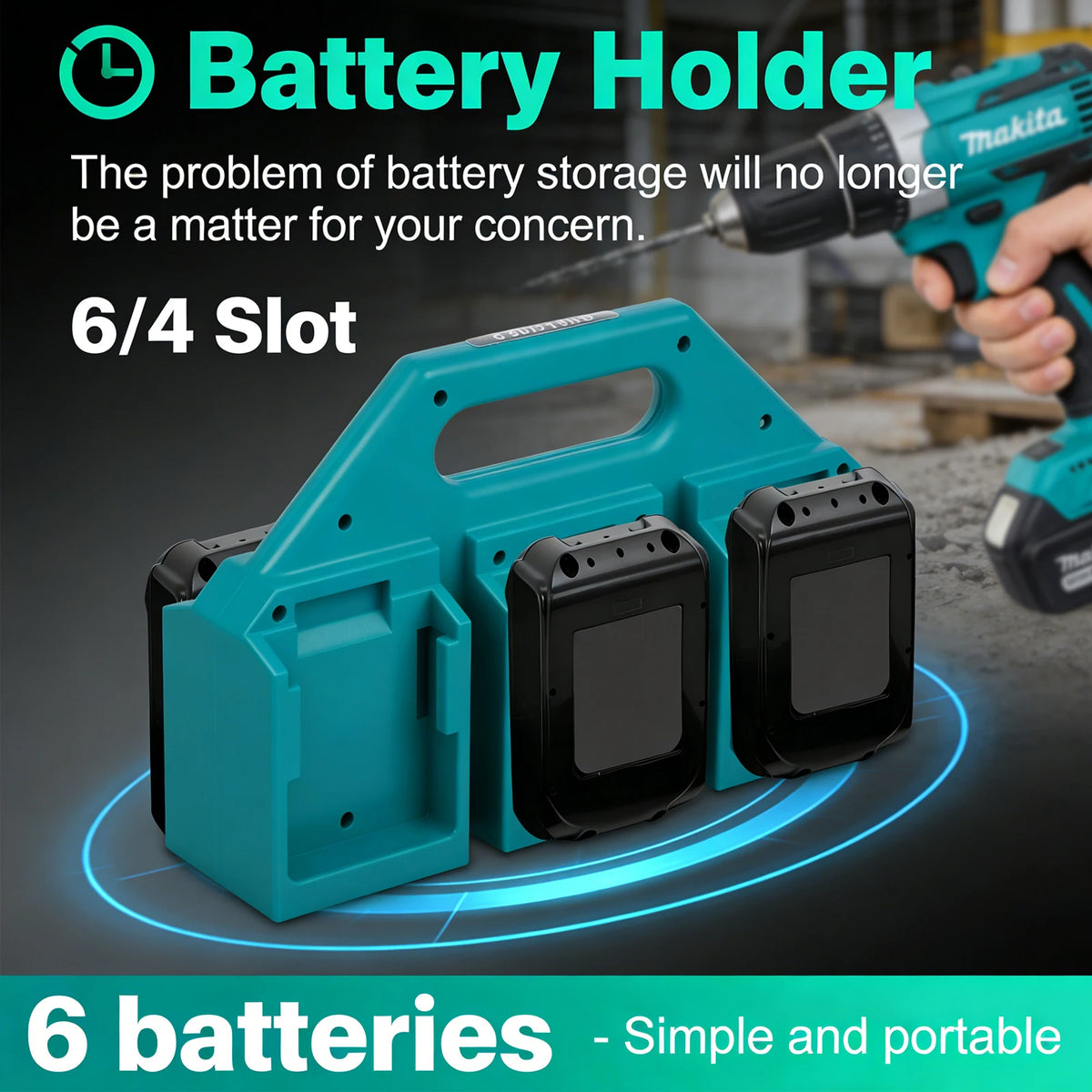 A teal battery holder organizer designed to store six batteries for Makita tools.