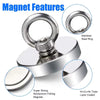 A silver magnetic hook featuring a stainless steel ring and a super strong neodymium magnet coating.