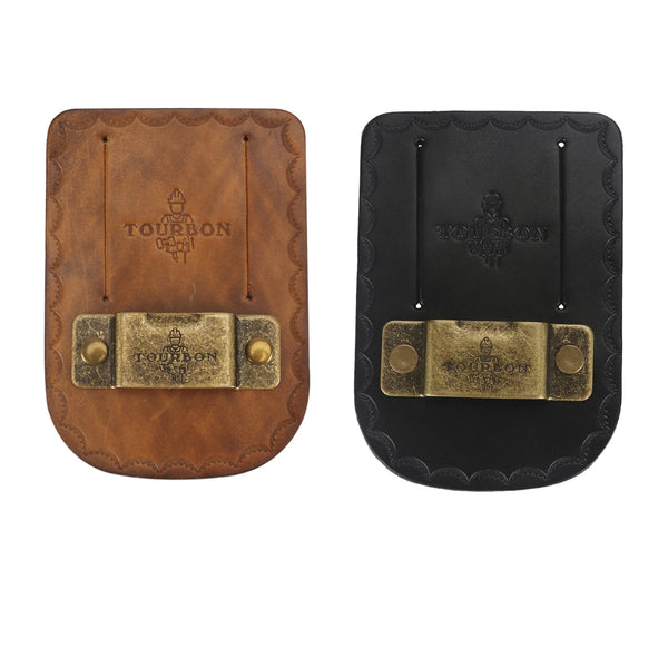 A pair of leather tape measure holders, one brown and one black, featuring a metal clip.