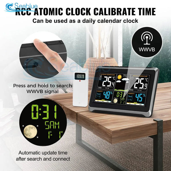 A digital clock and weather monitor device is shown on a wooden table with a hand pressing a sensor to search for a WWVB sign
