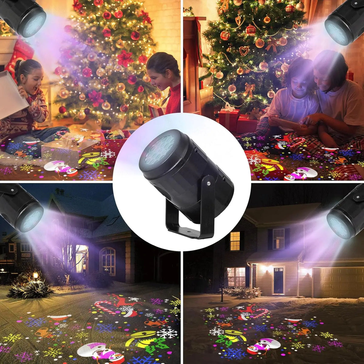 A black rotatable LED Christmas projector light illuminating colorful patterns on a ground in an outdoor setting.