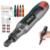 A black cordless rotary tool kit with various bits and accessories for crafting and engraving is shown.