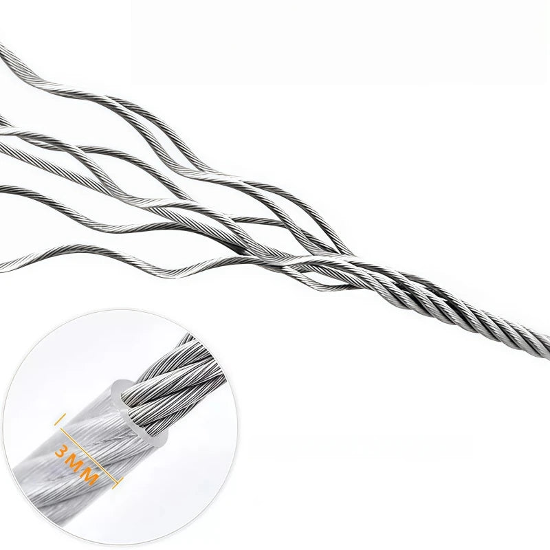 Close-up view of a stainless steel clothesline rope with a 3mm diameter, showing multiple strands.