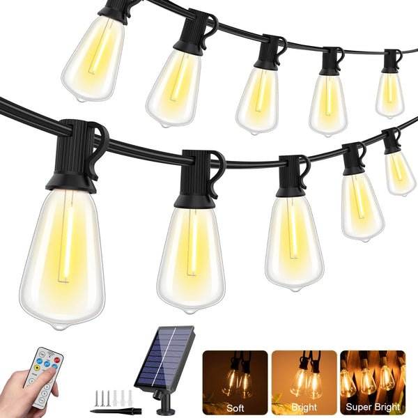 Shatterproof solar string lights with remote control featuring soft, bright, and super bright options.