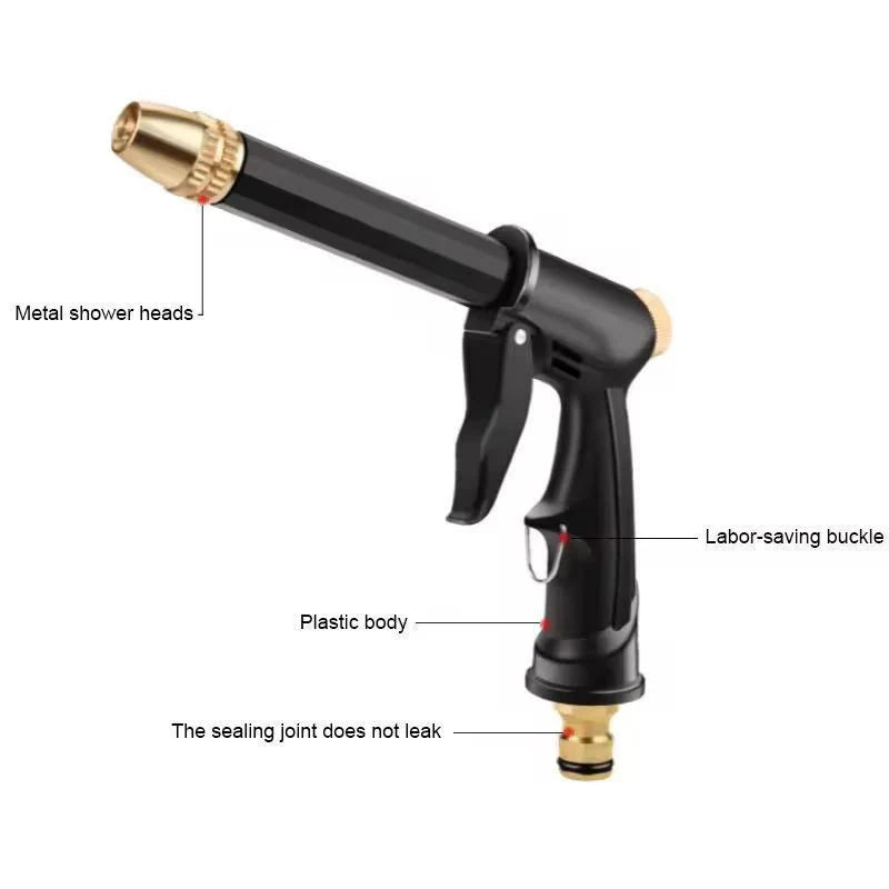 A black expandible high-pressure garden hose nozzle with a metal shower head and plastic body.