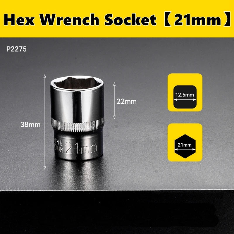 A silver hex wrench socket with a 21mm drive and a 12.5mm square drive is shown on a dark surface.