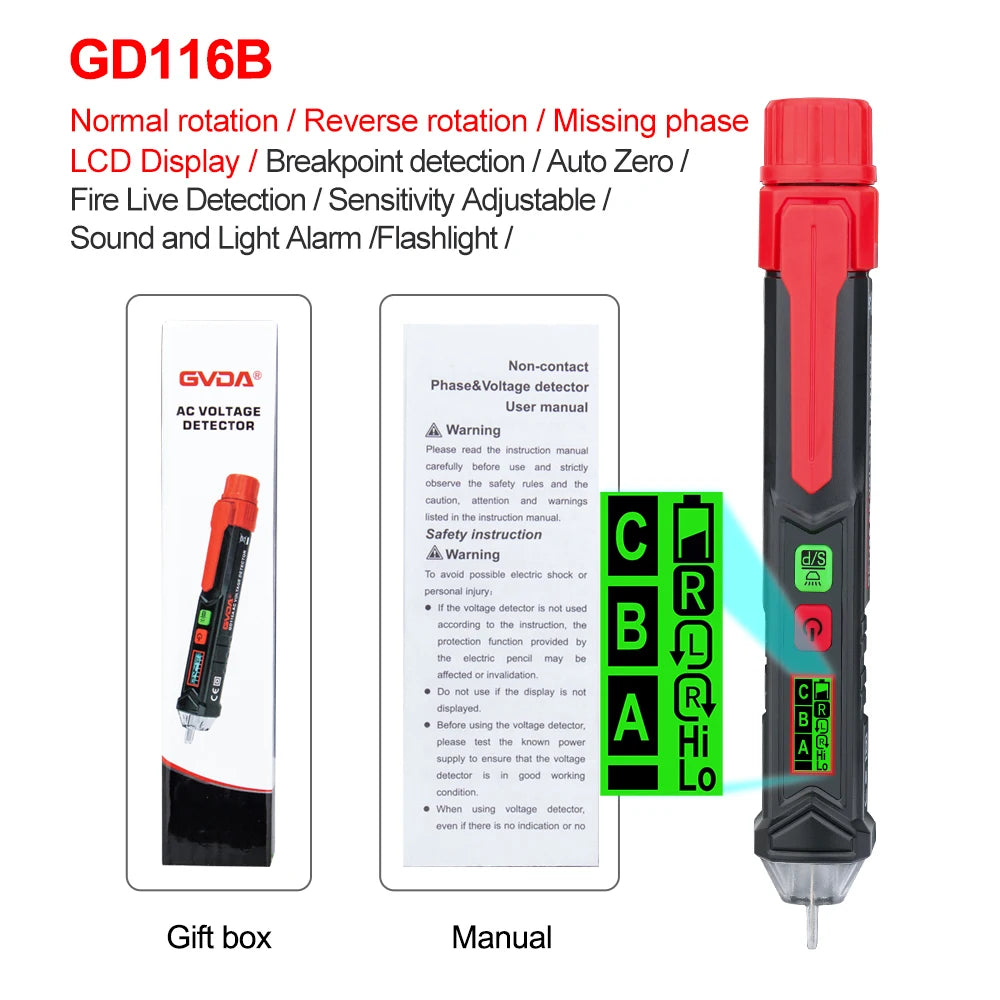 Red non-contact voltage tester pen with a black handle and green indicator light