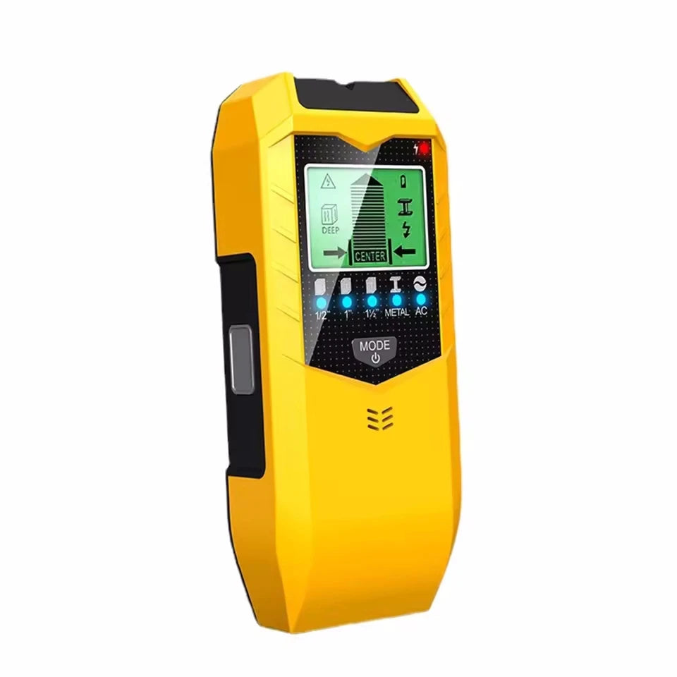 A yellow multi-function wall detector device with a digital display and various mode settings.