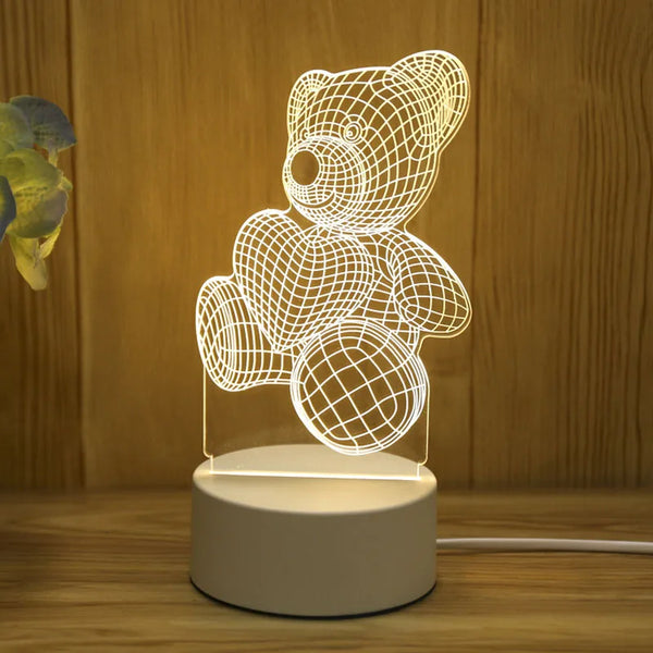 A white acrylic light sculpture shaped like a bear, featuring a wireframe design, displayed on a round base.