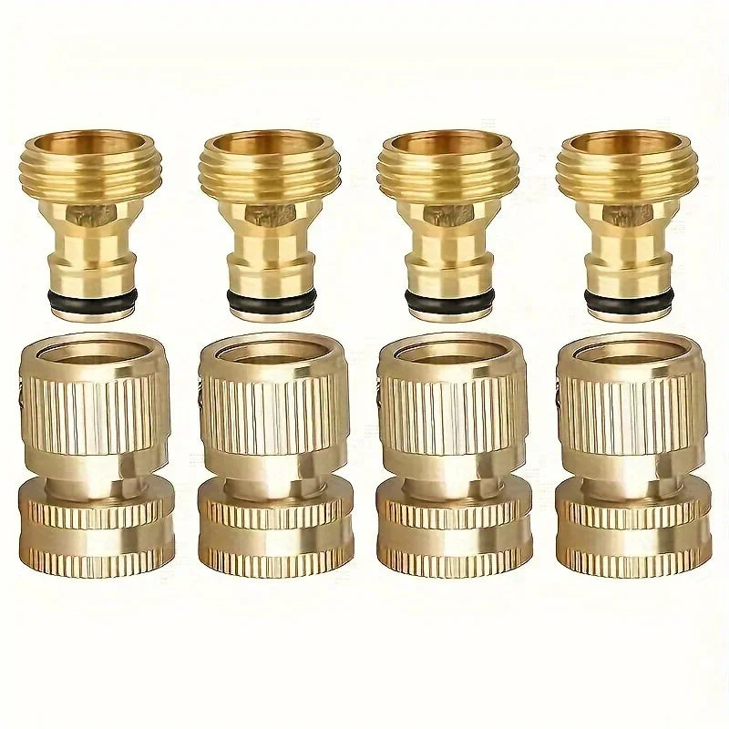 A set of brass quick connect hose fittings and connectors for fluid transfer.