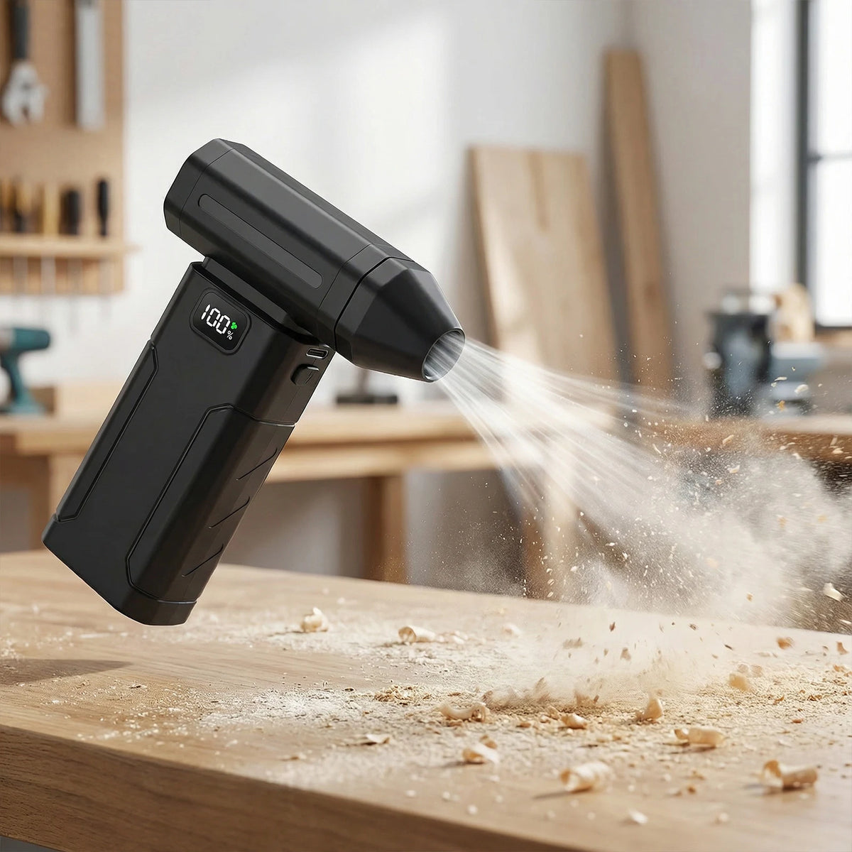 Schwarzer, wiederaufladbarer Elektroduster bläst Druckluft auf eine Holzoberfläche.