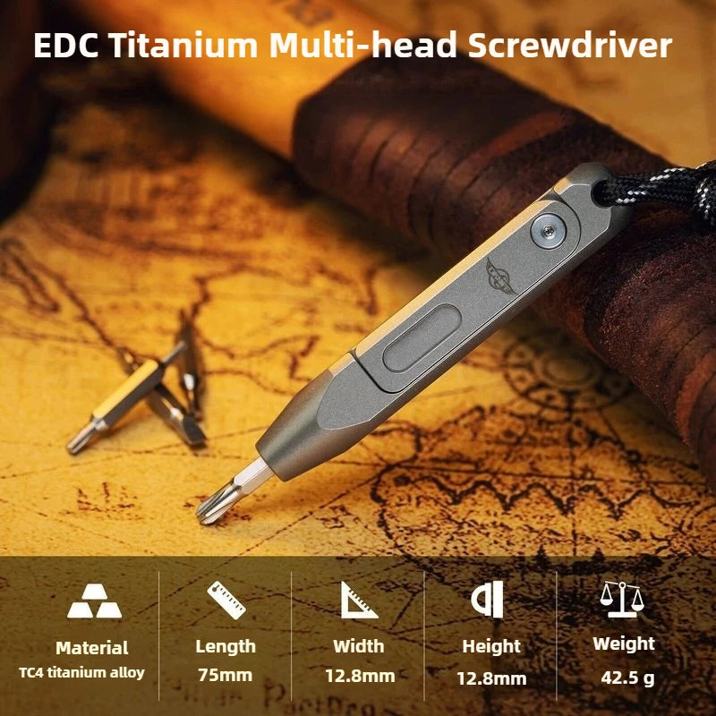An EDC titanium multi-head screwdriver is shown on a wooden surface with specifications listed below.