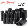 A set of 1/2 inch black drill force impact sockets for automotive and repair work.